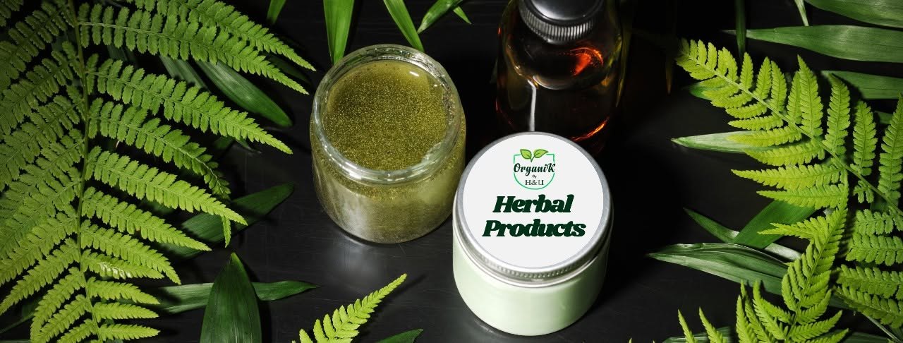 OrganiK by H&U herbal products among fern leaves